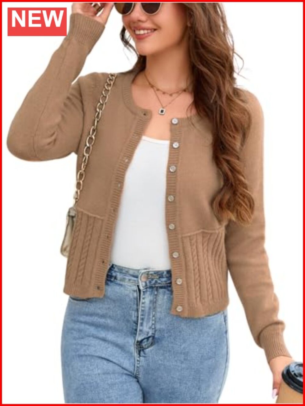 Women's Cropped Cable Knit Cardigan Sweater Crew Neck Button Down Shrug